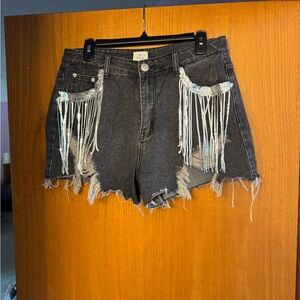 Chic Black Denim Shorts with Fringe Details